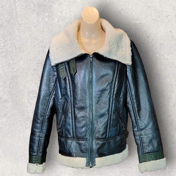 Missguided Womens Jacket Size 10 Green Faux Shearling Leather Aviator Pilot - Picture 2 of 15